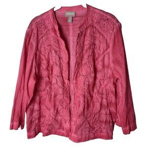 Chico's Open-Front Top Size 3 (XL,16) Cotton Floral Embroidered 3/4 Sleeves Pink